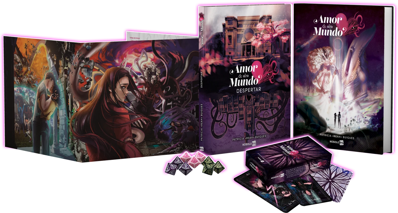 El Pack Ligable: la pantalla de la DJ, el ADOManual, el Libro de Campaña El Despertar, la baraja de Tarot con sus cartas y los dados oficiales