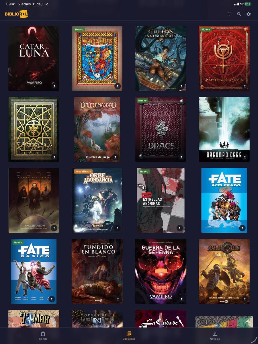 La biblioteca llena de portadas en una tablet, con distintivos de Nuevo y Actualizado