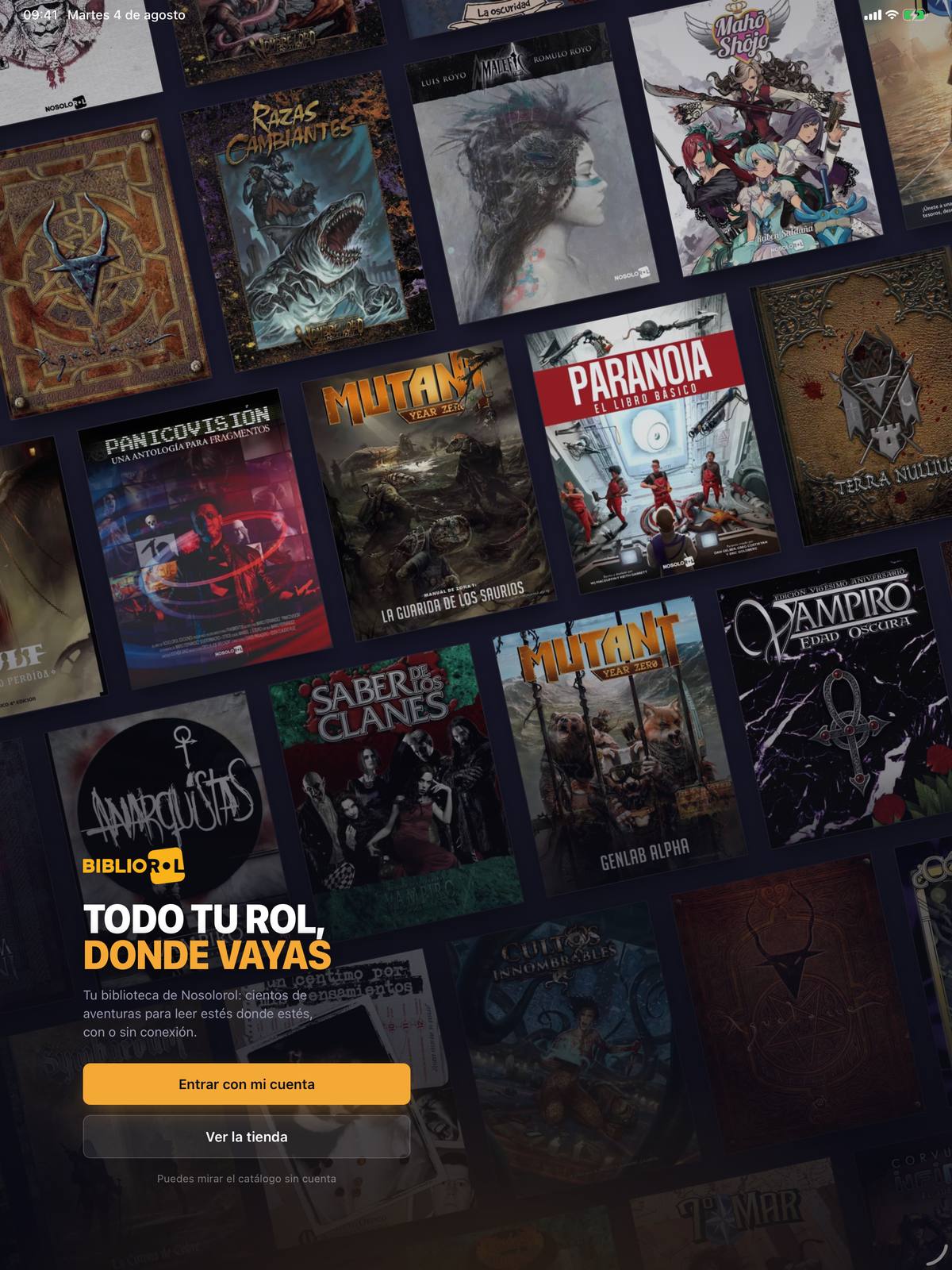 La bienvenida de Bibliorol en una tablet: «Todo tu rol, donde vayas» sobre un muro de portadas