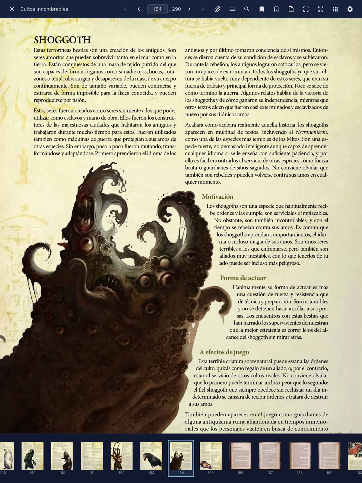 La tira de miniaturas de páginas abierta sobre una lámina de Cultos Innombrables