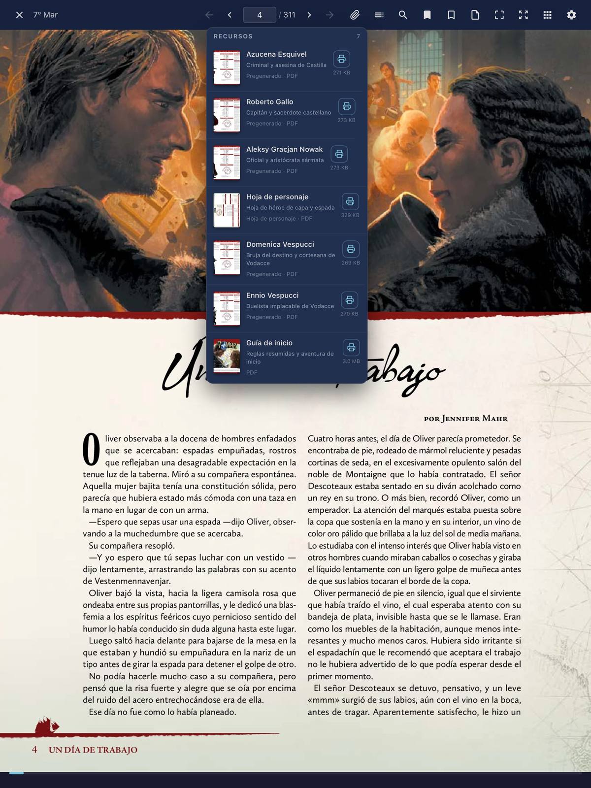 El panel de recursos de 7º Mar con siete adjuntos: cinco personajes pregenerados, la hoja en blanco y la guía de inicio, cada uno con su botón de imprimir