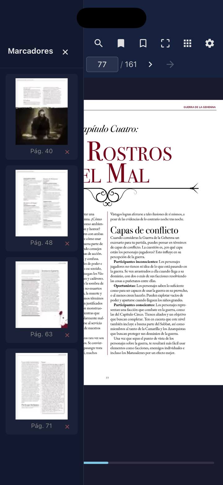 El cajón de marcadores, con una miniatura y el número de cada página marcada
