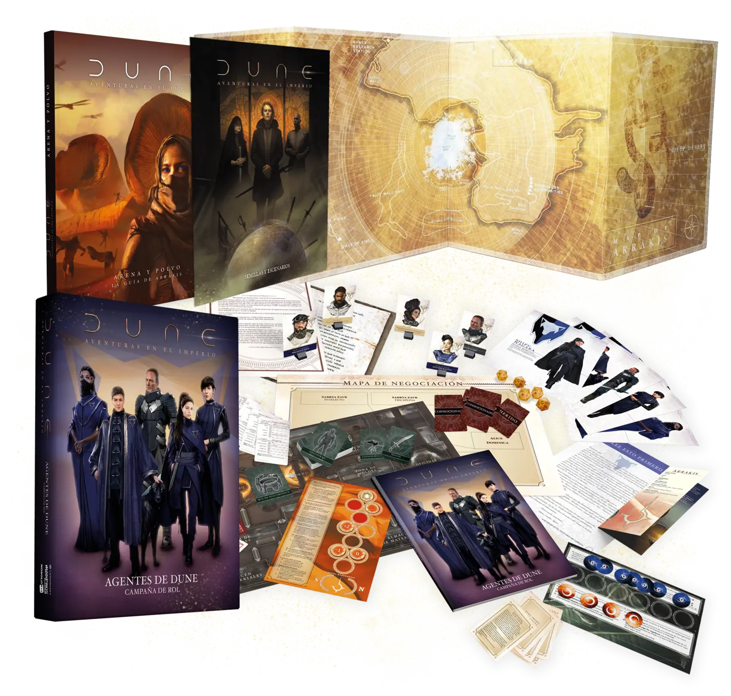 Pack Dune: Agentes de Dune, Arena y Polvo: La Guía de Arrakis y Recursos para el Director de Juego